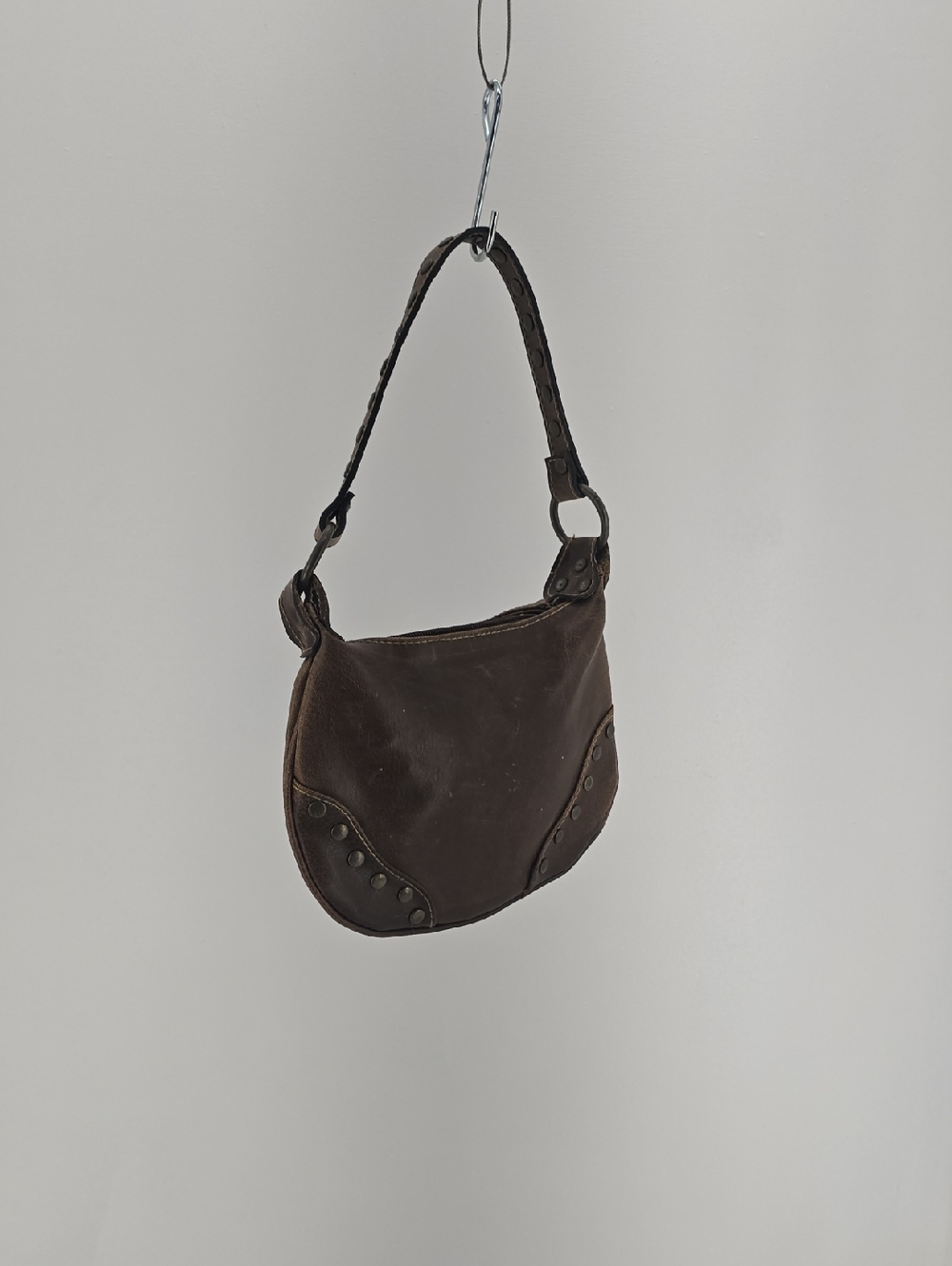 Vintage Brown Studded Shoulder Bag with Braided Strap